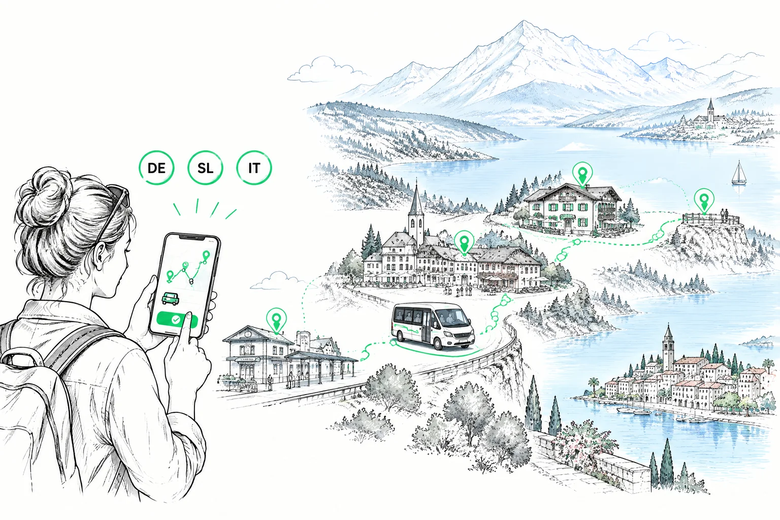 Mehrsprachige Gästemobilität in der Alpe Adria Region Ein Gast bucht einen mehrsprachigen Shuttle zwischen Bahnhof, Hotel, Ort und Ausflugsziel