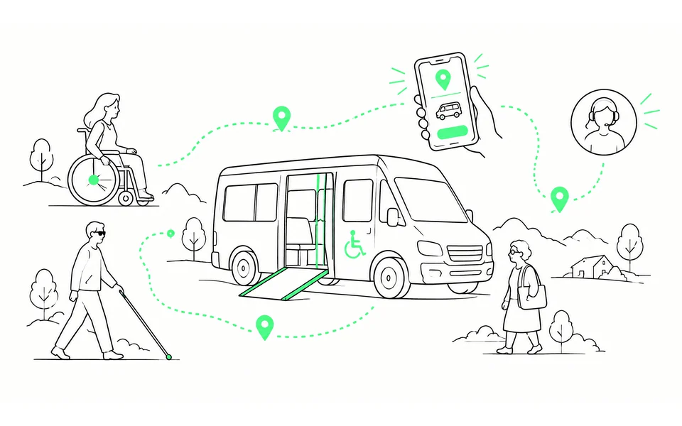 Barrierefreier Bedarfsverkehr. Was das Recht verlangt und was in der Praxis wirklich zählt Barrierefreier Rufbus mit Rollstuhlrampe, Blindenstock und digitaler Buchung