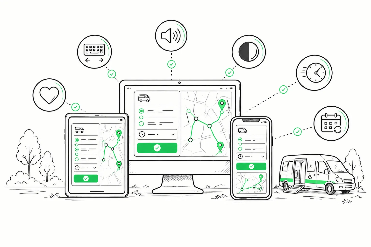 Responsive Mikro-ÖV Buchungsplattform auf Smartphone, Tablet und Desktop mit Barrierefreiheitsfunktionen