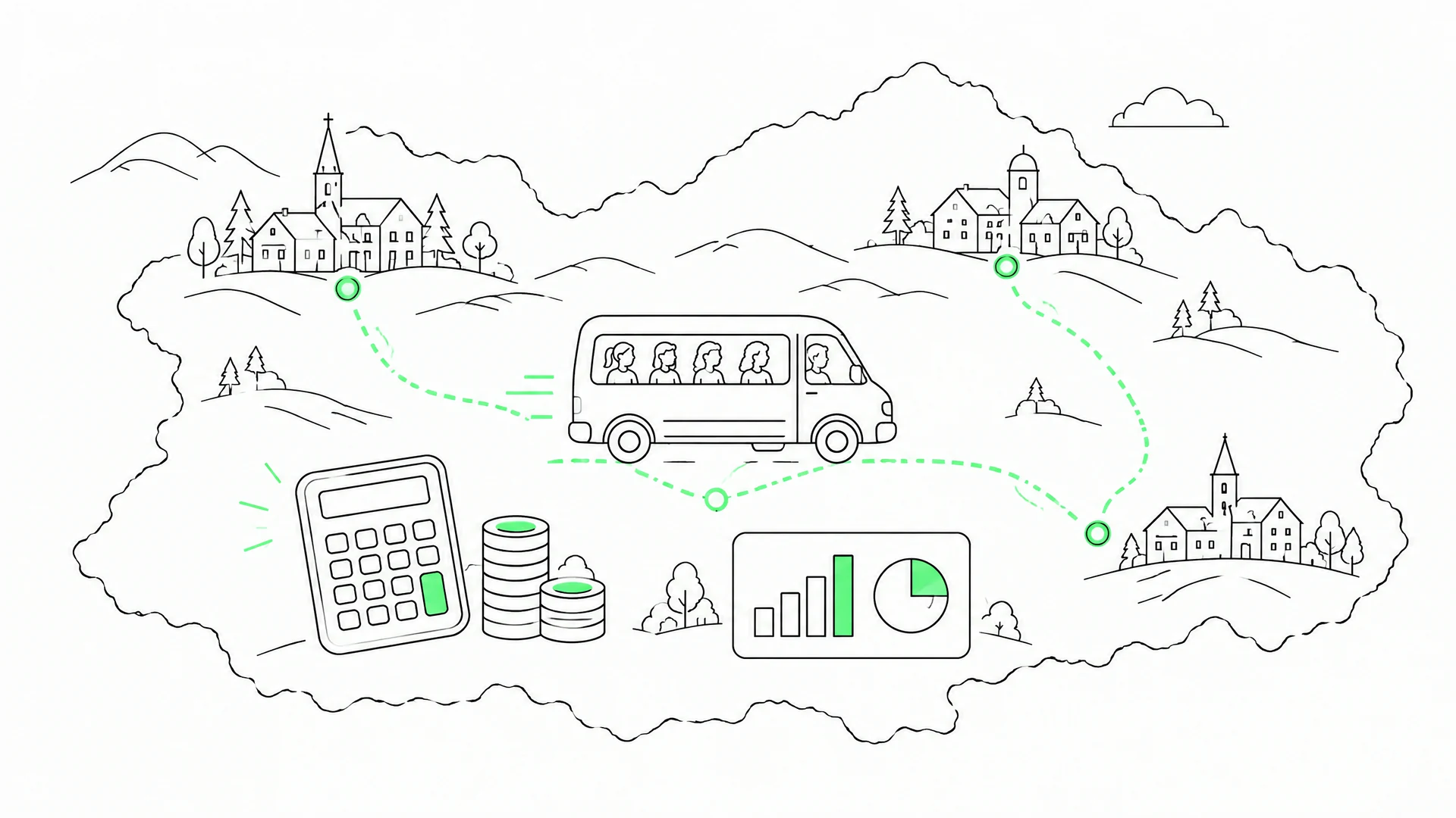 Gemeindenetz mit gebündelten Rufbusfahrten und Finanzierungskennzahlen
