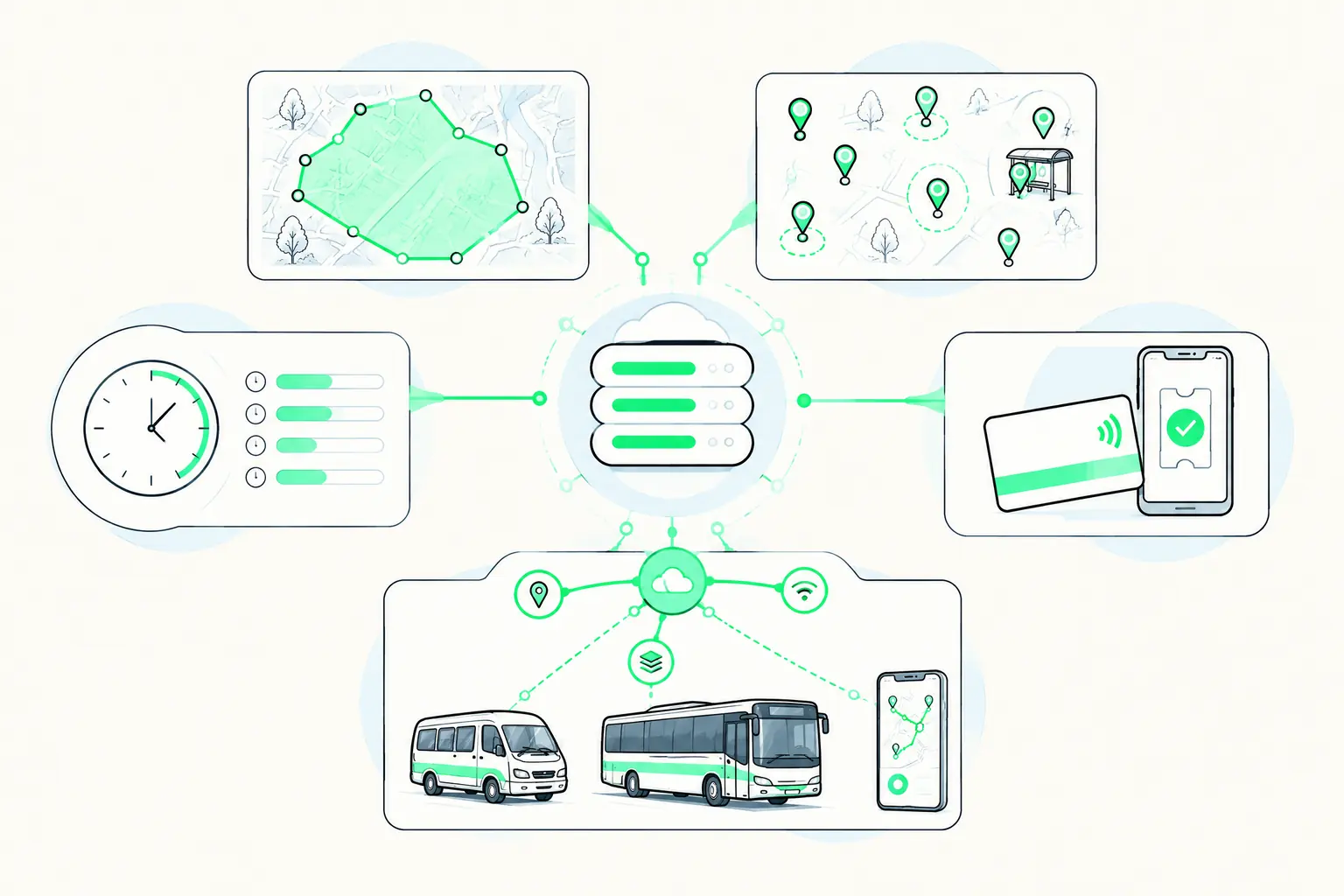 Softwaremodule für Bediengebiet, Haltepunkte, Bedienzeiten, Tarif und Mobilitätsdaten