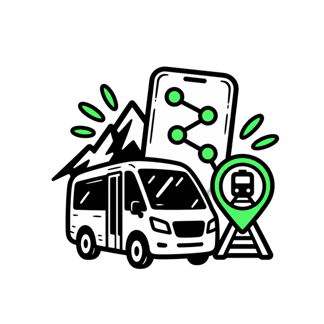 Shuttle, App und Bahnhof als Symbol für vernetzten Bedarfsverkehr